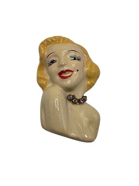 Vintage Marilyn Monroe Ceramic Head Bust Brooch Pin Rhinestone Hollywood Glam 2"